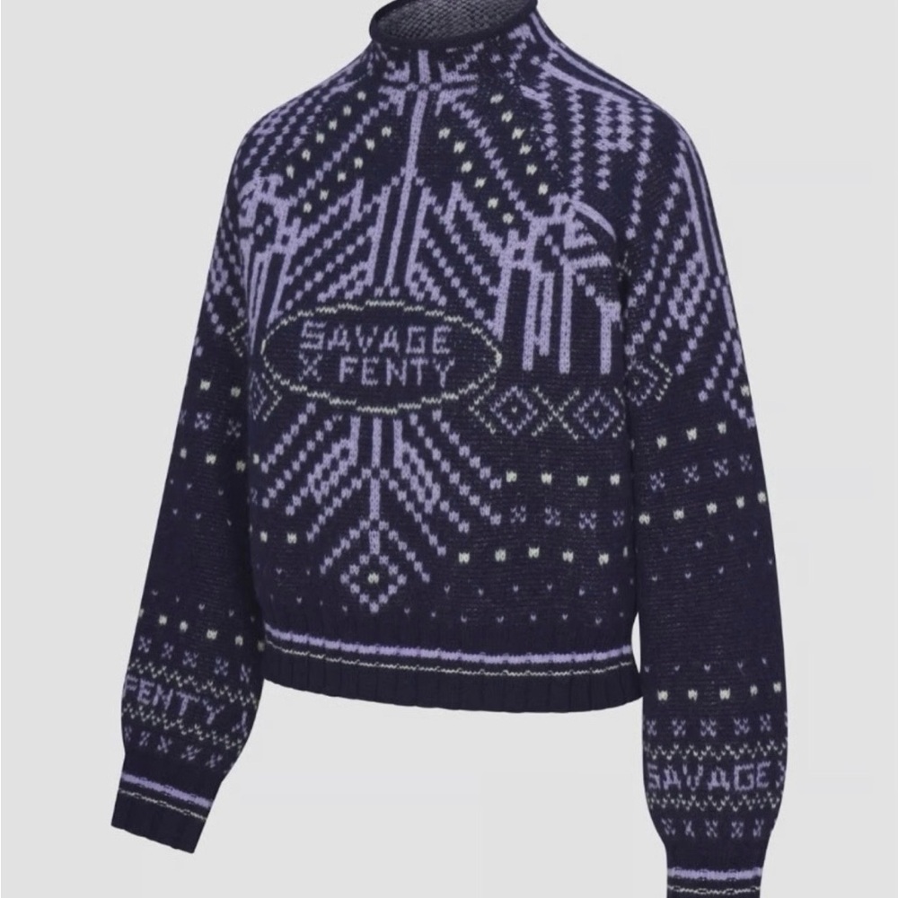 Savage X‎ Fenty Women’s Navy Purple Frost Smitten High Neck Knit Sweater Sz M